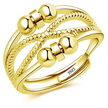 Anillo de Plata de Ley 925 - Fidget abierto ajustable con cuentas Spinner para aliviar el estrés y la depresión Unisex Anti-
