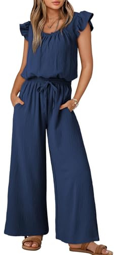 QUNERY Combinaison Ete Femme Casual Combishort Femme Encolure Carrée et Manches Papillon Salopette Casual Jumpsuit avec Cordon de Serrage et Poches B-Bleu Marine XL