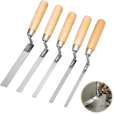 5 PCS Finger Pointing Trowel Set, Includes 6, 8, 10, 12 and 14 mm Width, Flat Stainless Steel Stiff Tuck Tools with Wooden Handle, for Masonry, Brick & Mortar Work