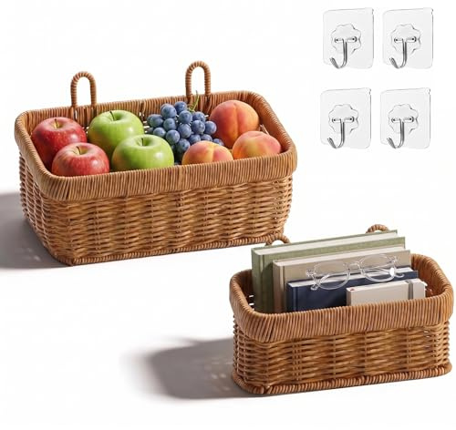 2PCS Woven Storage Basket, Hanging Storage Baskets with Hooks Handwoven Wicker Wall Basket Wall Mounted Organiser for Kitchen Bathroom Bedroom Decor