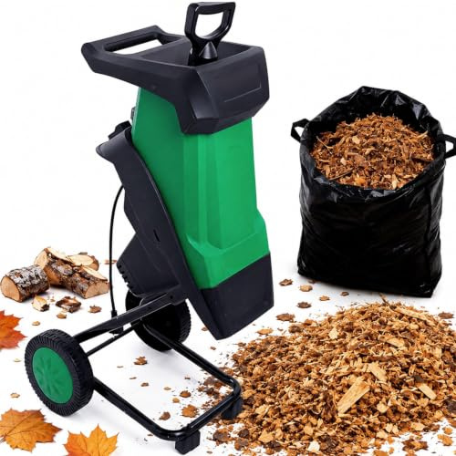 LADECNERHT Electric Wood Chipper Shredder, Portable Garden Branch Shredder with Wheels, Max 4500RPM Motor Speed,Double Sided Blade System, Auto Shut-Off Design, Includes 50L Collection Bag