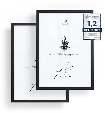 Heimlich® Bilderrahmen – A4 21x30 cm, Kiefernholz, Schwarz, 2er-Pack – Urkundenrahmen mit Kunststoffabdeckung – Wandmontage oder Tischaufsteller