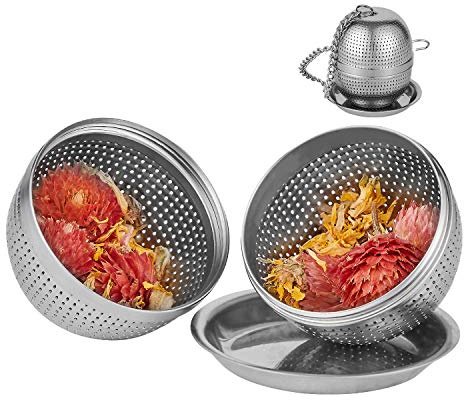 YEOSEN Tea Infuser Ball,Tea Strainer Ball for Loose Leaf Tea, Spice Infuser Stainless Steel Mesh, Fine Threaded Connection, 4.3 inch Chain with Drip Tray