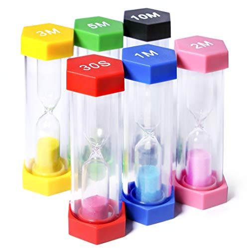 PROLOSO 6 Pcs Colorful Sand Timers Set Platic Sandglass Hourglass Sand Clock Timer 30sec/ 1min/ 2mins/ 3 Minutes/ 5 Minute/ 10mins for Kids Games Classroom Home Office Kitchen