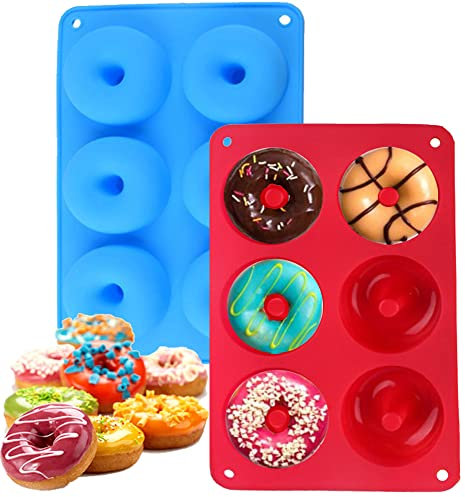 KANROO 2 PCS Silicone Donut Molds 6 Cavity Non-Stick Safe Silicone Donut Baking Pan Silicon Doughnut Mould for Cake Biscuit Bagels Muffins, Blue & Red