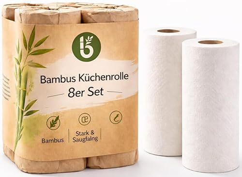 Bambus Allzwecktücher - Küchenrolle - waschbare Haushaltstücher - extrem Saugstark und Reißfester als normale Küchentücher - ersetzt bis zu 60 Haushaltsrollen - 8 Rollen