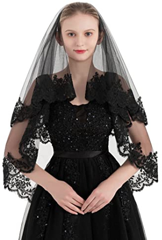 PAMOR Black Lace Veil Creative Cathedral Tulle Sheer Wedding Halloween Veil for Bride With Hand-sewn Metal Comb