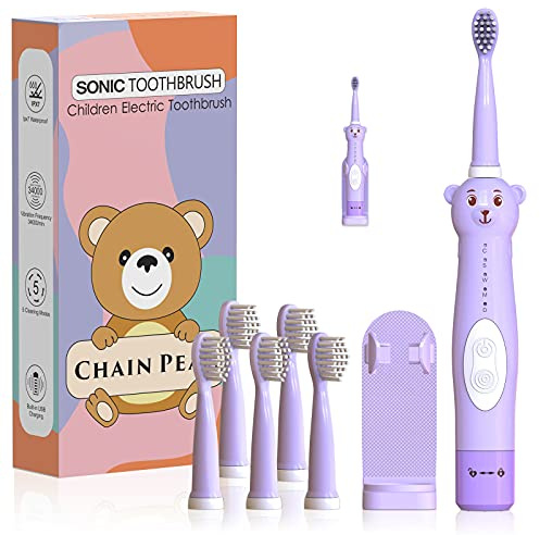 CHAIN PEAK Kids Sonic Electric Toothbrush, Cute Bear Rechargeable Toothbrush for Children, Boys Girls Age 3-12 with 30s Reminder, 2 Min Timer, 5 Modes, 6 Brush Heads, Wall-Mounted Holder