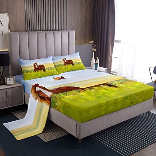 Bambini Cavallo Set Singolo Marrone Farmhorse Lenzuola Per Ragazzi e Ragazze - Camera Da Letto 3D Animale Selvatico Morbido Natura Giallo Floreale