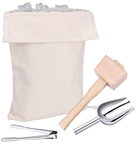 MYSUNBAR Lewis Bag and Manueller Eisbrecherhammer,Wiederverwendbarer Crushed Ice Bag aus Baumwolle mit Holzzubehör Bar Kitchen Accessory Kit für Crushes Ice Dried Ice