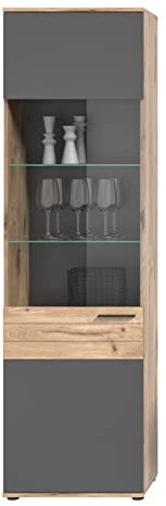 furnling 198147 Moskau Vitrine, Glasvitrine mit 5 Einlegeböden, Holz Werkstoff, Made in Europe, FSC Zertifiziert, 37 x 57 x 200 cm, Farbe: Eiche basaltgrau