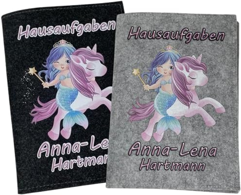 Hausaufgabenheft Hülle personalisiert mit Namen Datum schlicht A5 - Grundschule für Mädchen und Junge - Einschulungsgeschenke Heftumschlag - Geschenkideen Einschulung - Meerjungfrau