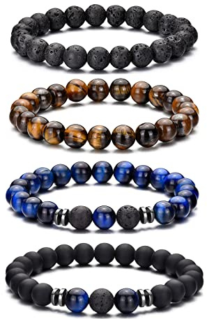 RANKEEF Tiger Eye Bracelet For Men 8MM Natural Stone Beads Bracelet Set Stretch Lava Rock Bracelets Adjustable Black Crystal Beaded Bracelet for Men Women Gifts