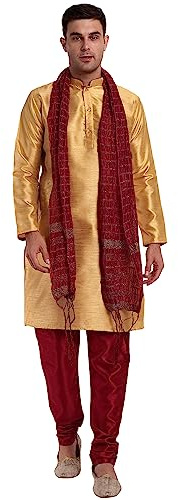 SKAVIJ Set di abiti etnici indiani in seta artistica da uomo Kurta, pigiama e sciarpa (Oro, Small)