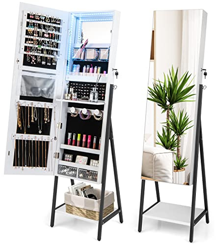 COSTWAY Freestanding Jewelry Cabinet, 3-Color LED Lights Lockable Jewelry Armoire with Full Length Mirror, Makeup Mirror and Bottom Shelf, Bedroom Jewellery Storage Organiser Unit Gift (White)