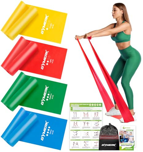 GYMERK Fitnessbänder Set 4er, 1.8M/2M Fitnessband, 4 Widerstandsstufen mit Übungsposter, Gymnastikband mit Tragetasche & Übungsanleitung, Ideal für Yoga, Pilates, Muskelaufbau
