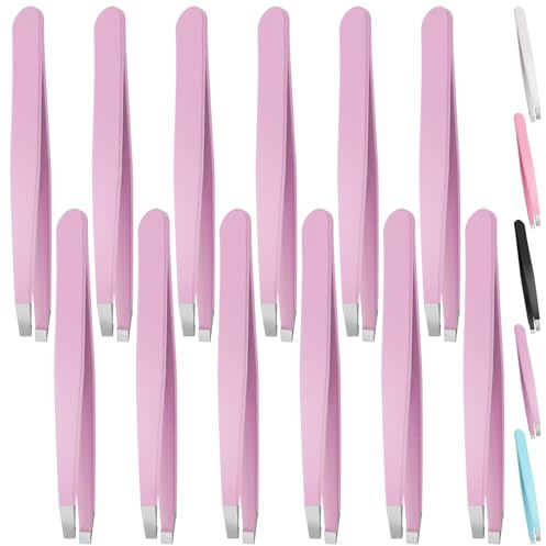 Swpeet Slant - Pinzas para cejas de 3,79 pulgadas, 12 unidades, color lila, pinzas de punta oblicua de acero inoxidable, kit profesional de depilación facial y depiladora, pinzas de precisión de punta