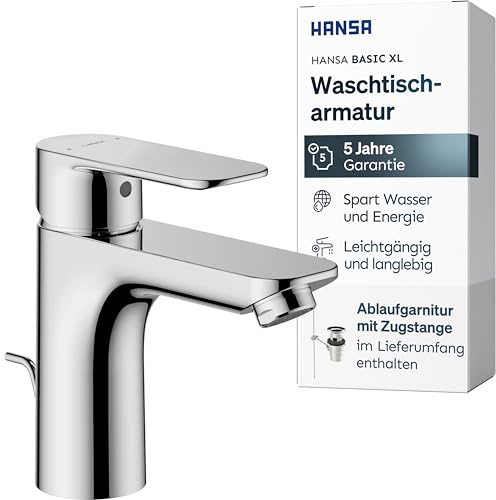 HANSA BASIC XL Waschtischarmatur I Einhebelmischer Waschbecken mit Temperatur & Mengenbegrenzer | XL-Size für mittelgroße bis große Bäder | Ablaufgarnitur mit Zugstange | Wasserhahn Badezimmer | Chrom