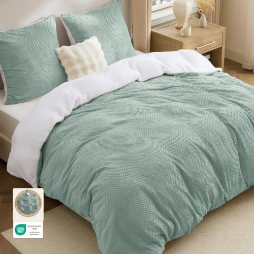 Bedsure Ropa de cama mullida de 155 x 220 cm, verde, funda nórdica de invierno de forro polar con 2 fundas de almohada de 80 x 80 cm, cálida con cremallera, de invierno