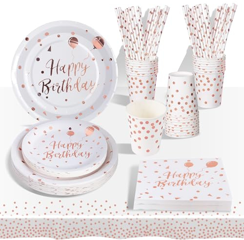AIPartywar Party Tableware 193Pcs White and Rose Happy Birthday Theme Kids Birthday Decoration Party Accessories Set Includes Paper Plates Napkins Cups Knive Fork Spoon-24 Guests