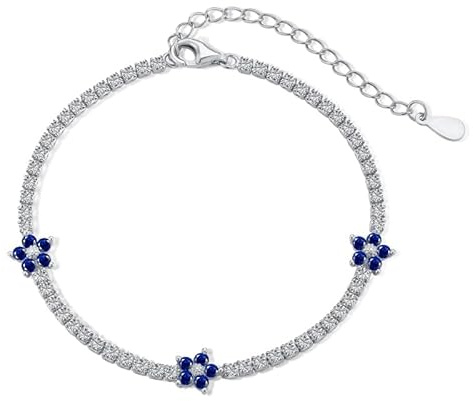 AOBOCO Flower Tennis Bracelet 925 Sterling Silver Cubic Zirconia Adjustable Bracelet Birthday Gifts for Her Women (Blue)