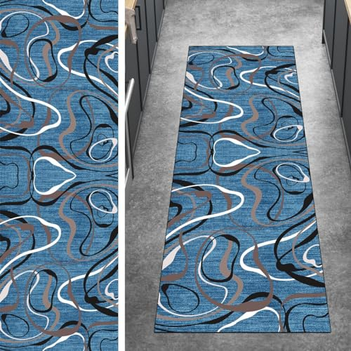 Ymural Teppich Läufer Flur rutschfest Küchen Abstrakt 60x150CM Blau rutschfest Lang Meterware Kurzflor Polyester Korridor Schlafzimmer, Anpassbar