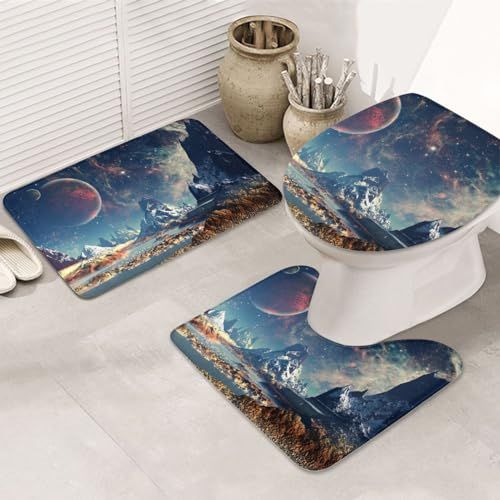 Badematten-Set aus Flanell, rutschfest, mit Sternen, 3-80 x 50 cm, Badteppich-Set – Badematte + U-förmiger WC-Vorleger + O-förmiger WC-Sitzbezug