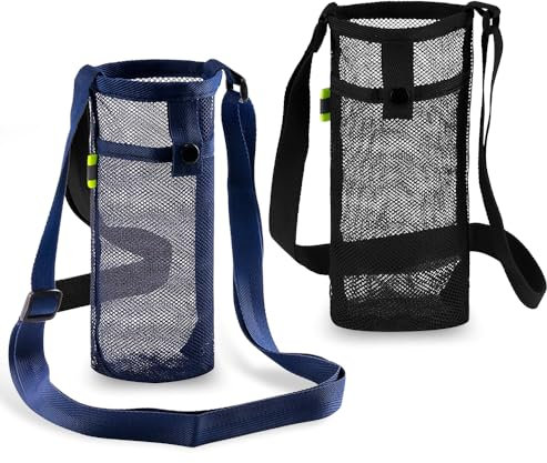 Wzhtuzi 2 soportes para botellas de agua, fundas de malla para botellas de agua con correa de hombro ajustable, portátil, para colgar, para deportes, viajes, camping (azul profundo y negro)