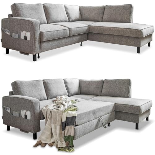 MIUFORM Molly L | limitierter Polsterstoff | 6 Sitzer Ecksofa | L-form rechts | 233 x 198 x 88cm Couch | Klappsofa mit Schlaffunktion | Schlafsofa klappbar (Grau)