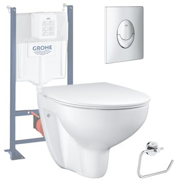 Pack WC sans bride Bau Ceramic avec abattant slim + Bâti support WC Rapid SL + plaque de commande Start chromé + dérouleur