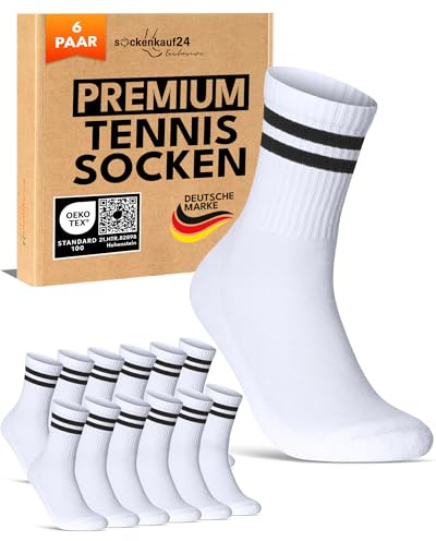sockenkauf24 Herren Tennissocken (6 Paar) Sportsocken mit verstärkter Ferse & Fußspitze, gepolsterte Sohle Baumwolle Atmungsaktive Retro Crew Socken