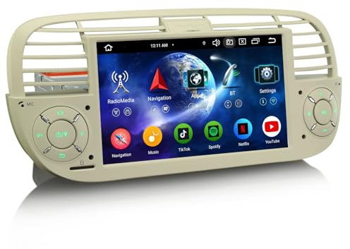 Erisin 7 Pulgadas 8-Core 4GB+64GB Android 16 GPS Navegación Estéreo de Automóvil para Fiat 500/500C/500S/500E IPS Pantalla táctil Soporte Wireless CarPlay Android Auto DSP Bluetooth WiFi Dab+ Canbus