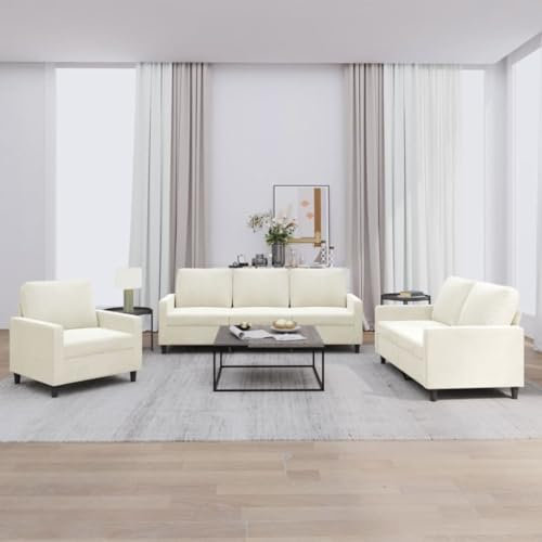 Homgoday 3-TLG. Sofagarnitur mit Kissen Wohnzimmersofa Sofa Couch mit Rückenlehne Loungesofa Polstersofa Gästesofa Couchgarnitur Modern Sitzmöbel für Wohnzimmer Büro Schlafzimmer Creme Samt