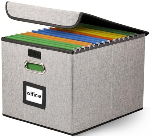 Fyeme Portable File Organiser Box with Lid Foldable Fabric Hanging Filing Storage Box with Plastic Slide Home/Office Filing System for File and Folder Storage Suspension File Box Filing Box (grey)