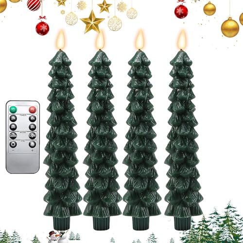 Velas de Navidad sin llama, 4 velas verdes para árbol de Navidad con temporizador remoto, velas sin llama de árbol de Navidad de 9.7 pulgadas, velas de ventana que funcionan con pilas para decoración