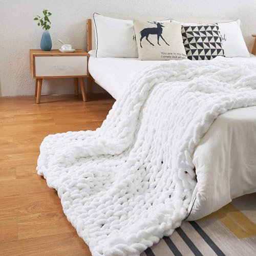 LUOZIQINX Grob Gestrickte Kuscheldecke, Chenille überwurf Strickdecke, Handgefertigt Kuscheldecke Grobstrick für Bett, Sofa, Stuhl,Weiß,200x200cm