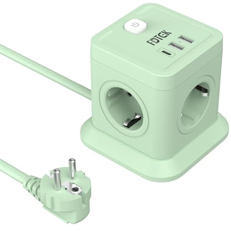 FDTEK Ciabatta Multipresa Cubo, Multipresa Elettrica con 4 Prese AC e 1 USB C + 2 USB A, Multiprese con Interruttore e Protezione da Sovratensioni, Cavo 1,8 m, Adatta per Ufficio e Casa, Verde