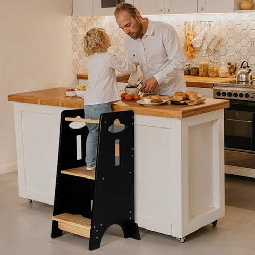 COSYLAND Height Adjustable Toddler Standing Tower - Super Stable Toddler Kitchen Stool Helper - 3 Levels Wooden Kids Learning Stool for Kitchen Toliet (Black & Natural,Large)