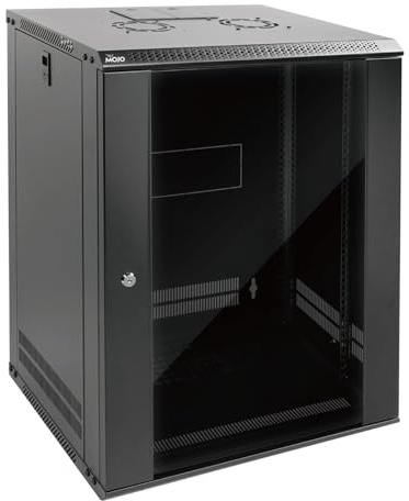 Tecmojo 15U 450mm Depth Wall Mount Server Cabinet IT Network Rack Enclosure Lockable Door and Side Panels Black, Standard Glass Door, for 19 IT Equipment, A/V Devices, Flat Package