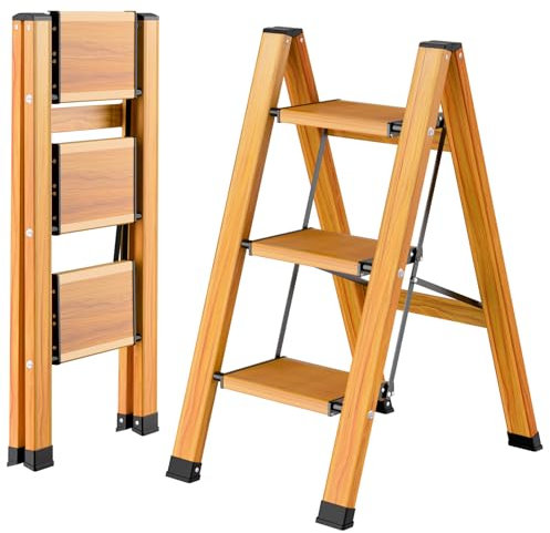 OTOmitra Scala pieghevole a 3 gradini, in alluminio, portatile, antiscivolo, con venature del legno, portata fino a 150 kg, per casa, cucina, bagno, campeggio