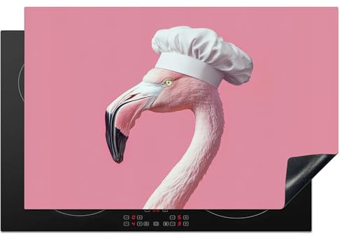 KitchenYeah© Herdabdeckplatte 80x52 cm Einteilig Ceranfeld Abdeckplatte für Induktionsschutz Ceranfeldabdeckung Vinyl Herdabdeckplatten Flamingo - Rosa - Kochmütze - Vogel