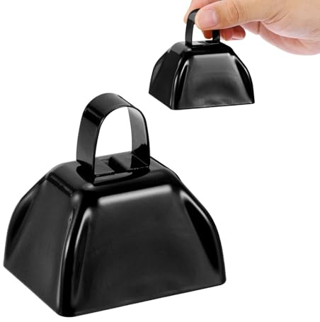 PATIKIL 2pcs Cow Bells for Football Games, 3inch Cowbells for Sporting Events Bulk Loud Noise Makers Metal Cow Bell with Handle for Cheering Competition Marathon Wedding, Black