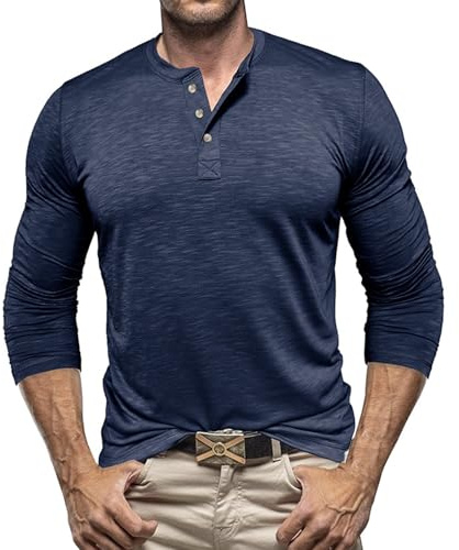 Henley Chemise à manches longues pour homme Coupe ajustée Haut d'affaires 3 boutons Col rond Couleur unie Léger Respirant Confortable pour le travail S-2XL, bleu, XL