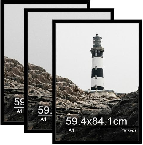 Tinkeps Bilderrahmen A1 Schwarz 3er Pack, MDF | Bilderrahmen für Fotos, Poster, Kunstbilder, Wandmontage, Hoch- und Querformat, mit Acrylplatte, Zuhause, Büro, Galerie