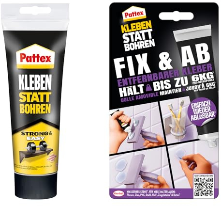Pattex Kit de colle de montage Coller au lieu de percer 250 g, Strong & Easy, pour des collages cristallins et coller au lieu de percer Fix & Ab 44 g, colle forte qui tient jusqu'à 6 kg