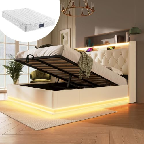 Polsterbett 160x200, LED Doppelbett mit Stauraum und Lattenrost, Kopfteil mit Staufach und USB-Ladefunktion, Hydraulisch Stauraumbett Rückenlehne, Mit Matratze (Weiß - A, 160×200cm - Mit Matratze)