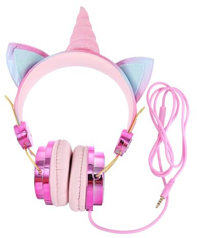 Unicorn Headphones over Ear ABS Headset with 3.5mm Plug Volume Control | Adjustable Head Beam, 1.2m Wire, Golden Cartoon Design, for Tablets and Smartphones