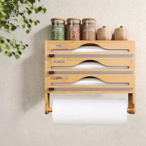 Porta Rotoli Alluminio e Pellicola da 12, Porta Pellicola e Alluminio con Porta Rotolo da Cucina e Porta Spezie, Dispenser Pellicola e Alluminio con Taglierina Affilate, Taglia Pellicola