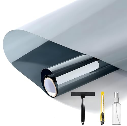 UV Sonnenschutzfolie für Fenster Innen & Außen, 44.5x200cm Spiegelfolie Fensterfolie Blickdicht Sichtschutz von außen, Selbstklebend Sonnenschutzfolie mit Schaber & Messer, für Wohnzimmer & Büro