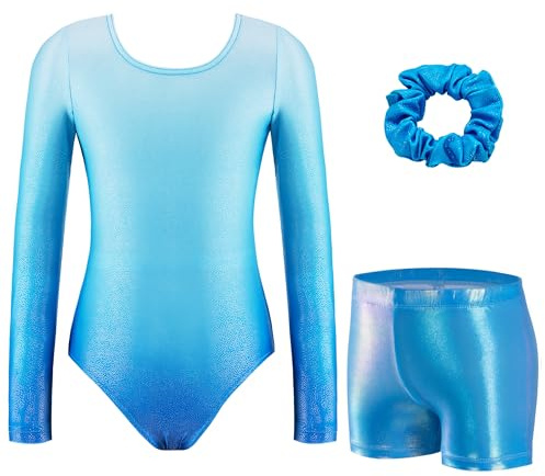 Arshiner flicka tredelad gymnastikdräkt långärmad barn gym kostym med byxor hårband akrobatik kostym glittrande balett danströja unitard, Blå färgövergång, 8-9 år